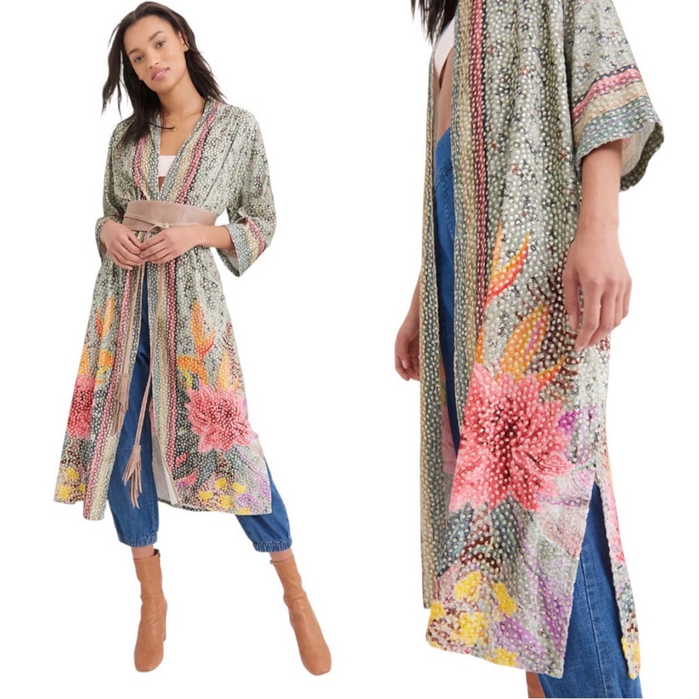 Anthropology Embroidered Floral Kimono Robe in Green & Pink